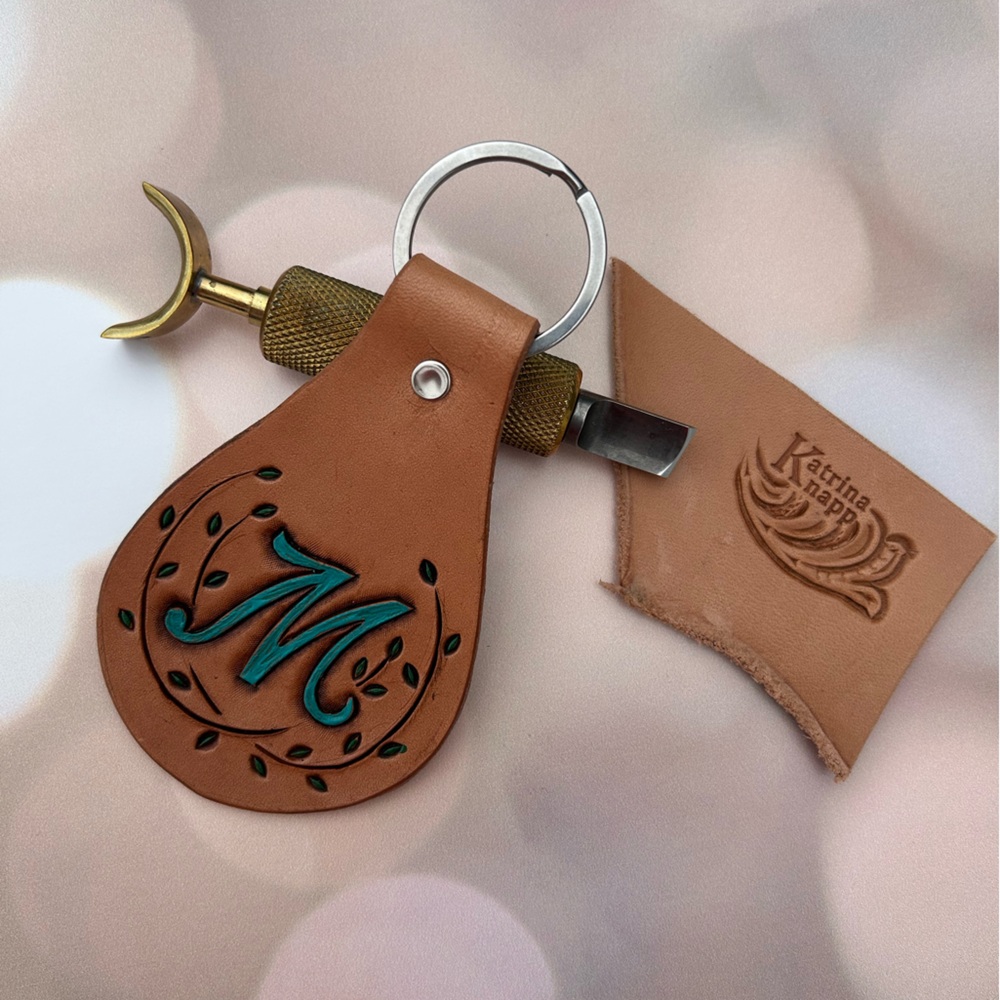 Hand-Tooled Leather Keychain with Letter M, Key Fob hand painted, Turquoise M